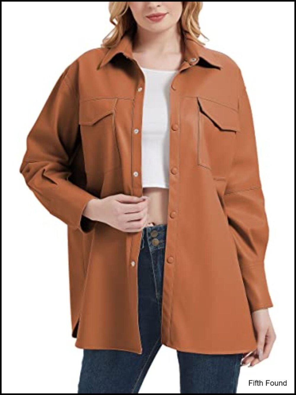 Faux Leather Shacket Button Down Shirt Relaxed Fit